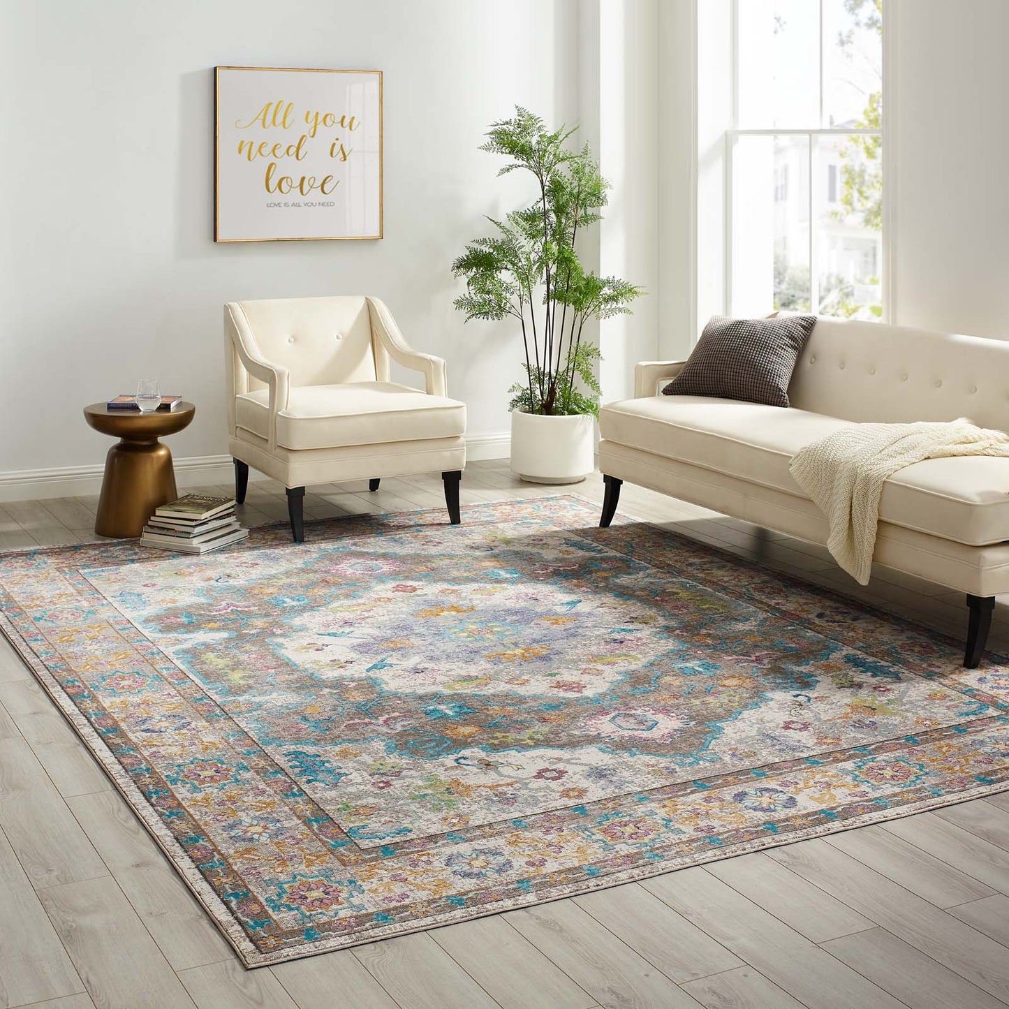 Modway Outlet Success Anisah Distressed Floral Vintage Medallion 8x10 Area Rug by Modway  Living Room Rugs Gray Ivory Yellow Orange - R-1163A-810