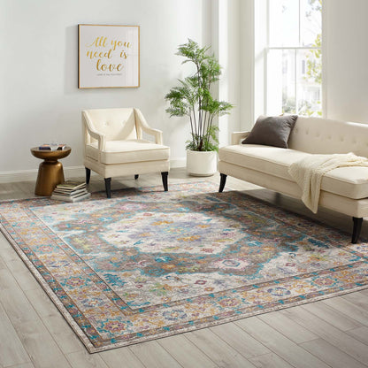 Modway Outlet Success Anisah Distressed Floral Vintage Medallion 8x10 Area Rug by Modway  Living Room Rugs Gray Ivory Yellow Orange - R-1163A-810