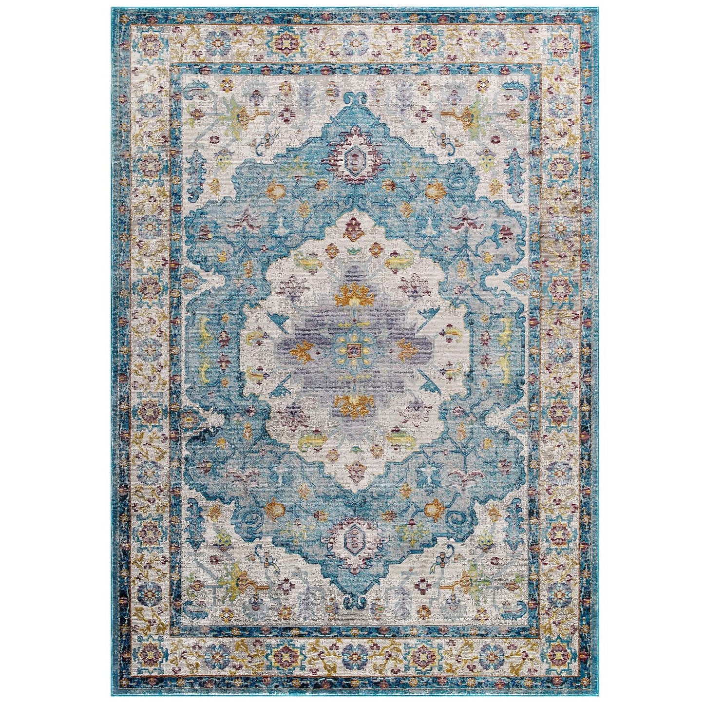 Modway Outlet Success Anisah Distressed Floral Vintage Medallion 4x6 Area Rug by Modway  Living Room Rugs Light Blue Ivory Yellow Orange - R-1163B-46
