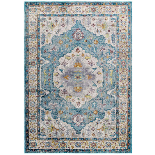 Modway Outlet Success Anisah Distressed Floral Vintage Medallion 4x6 Area Rug by Modway  Living Room Rugs Light Blue Ivory Yellow Orange - R-1163B-46