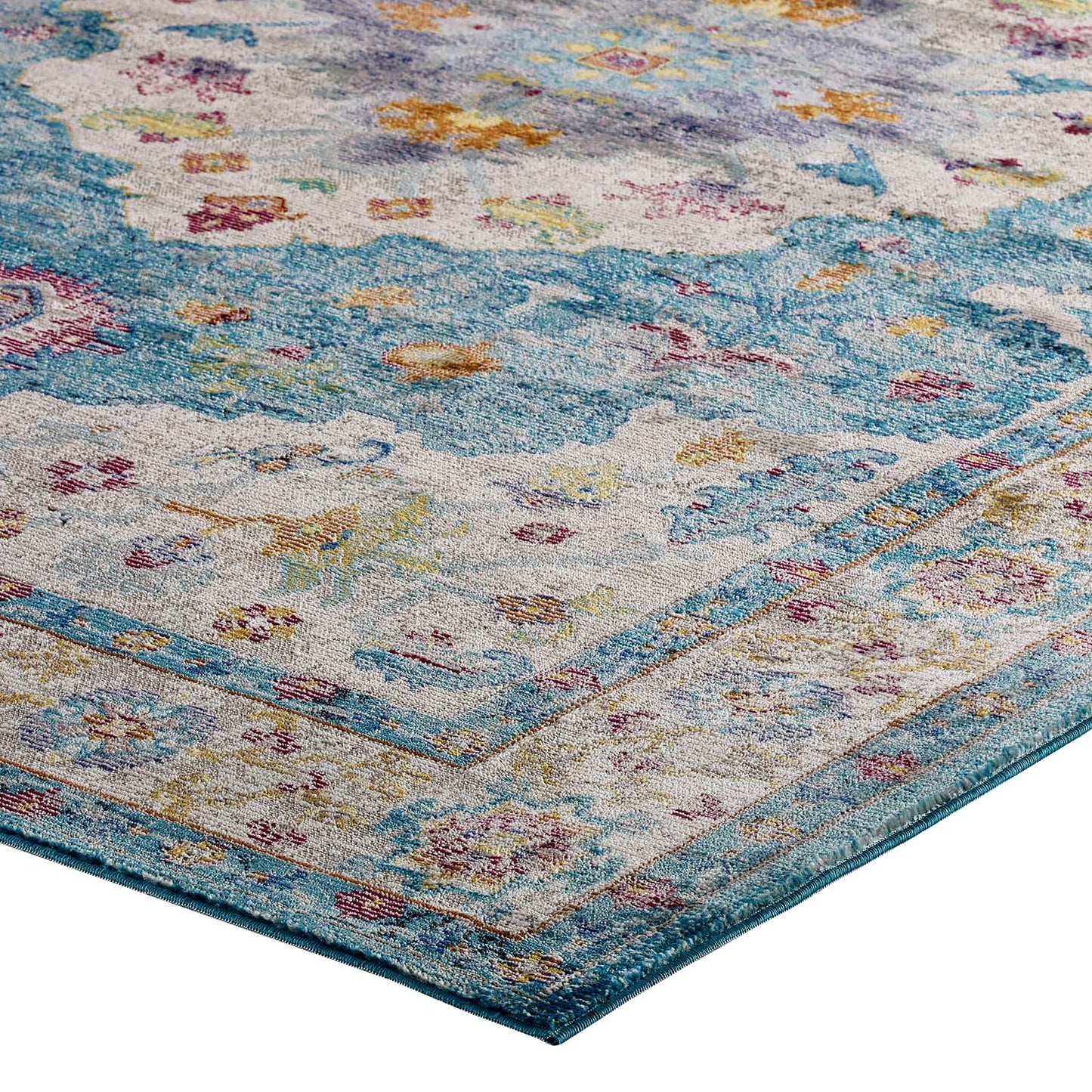 Modway Outlet Success Anisah Distressed Floral Vintage Medallion 4x6 Area Rug by Modway  Living Room Rugs Light Blue Ivory Yellow Orange - R-1163B-46