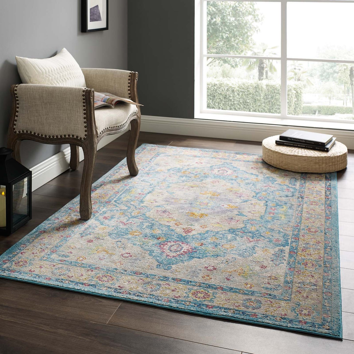Modway Outlet Success Anisah Distressed Floral Vintage Medallion 4x6 Area Rug by Modway  Living Room Rugs Light Blue Ivory Yellow Orange - R-1163B-46