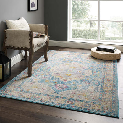 Modway Outlet Success Anisah Distressed Floral Vintage Medallion 4x6 Area Rug by Modway  Living Room Rugs Light Blue Ivory Yellow Orange - R-1163B-46