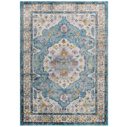 Modway Outlet Success Anisah Distressed Floral Vintage Medallion 5x8 Area Rug by Modway  Living Room Rugs Light Blue Ivory Yellow Orange - R-1163B-58
