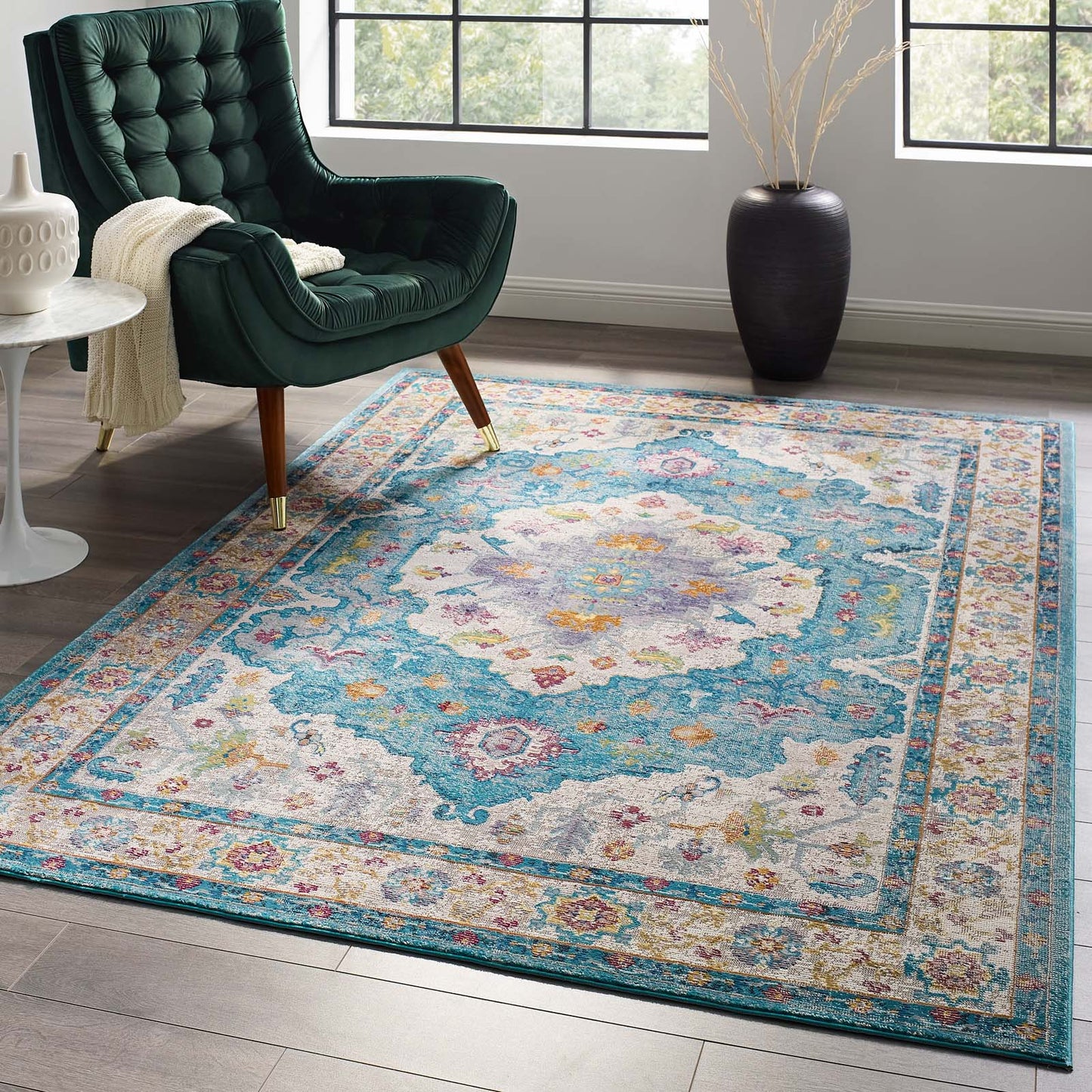 Modway Outlet Success Anisah Distressed Floral Vintage Medallion 5x8 Area Rug by Modway  Living Room Rugs Light Blue Ivory Yellow Orange - R-1163B-58