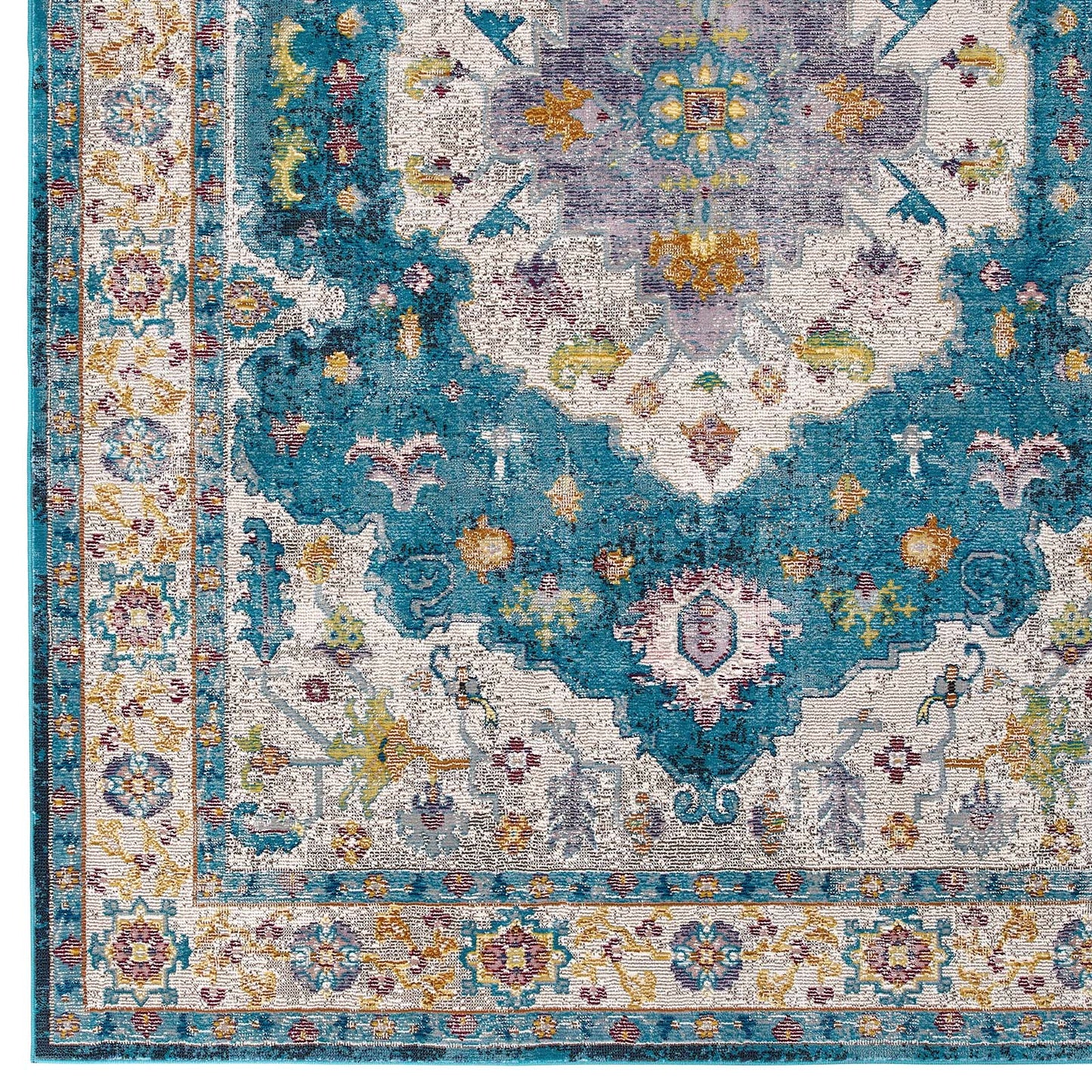 Modway Outlet Success Anisah Distressed Floral Vintage Medallion 5x8 Area Rug by Modway  Living Room Rugs Blue Ivory Yellow Orange - R-1163C-58