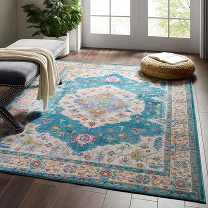 Modway Outlet Success Anisah Distressed Floral Vintage Medallion 5x8 Area Rug by Modway  Living Room Rugs Blue Ivory Yellow Orange - R-1163C-58