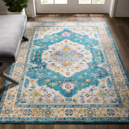 Modway Outlet Success Anisah Distressed Floral Vintage Medallion 5x8 Area Rug by Modway  Living Room Rugs Blue Ivory Yellow Orange - R-1163C-58