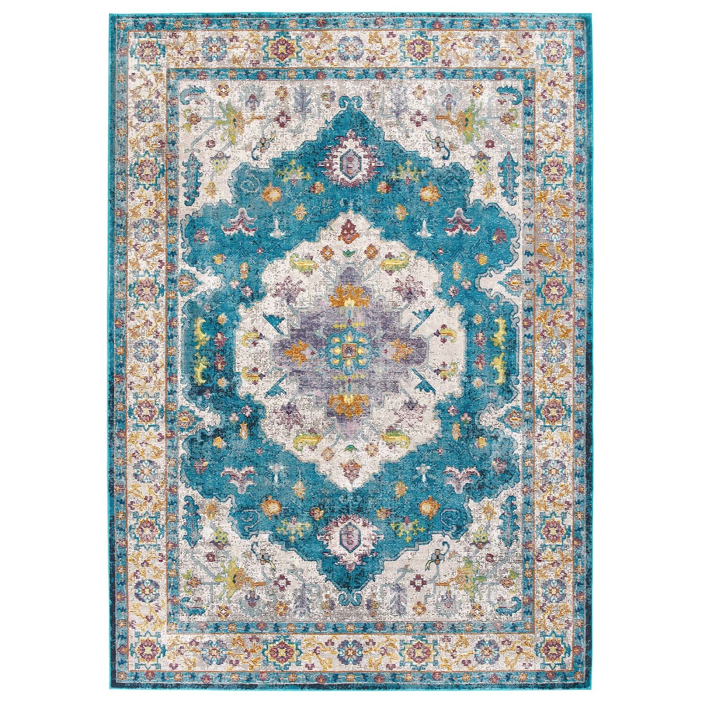 Modway Outlet Success Anisah Distressed Floral Vintage Medallion 8x10 Area Rug by Modway  Living Room Rugs Blue Ivory Yellow Orange - R-1163C-810