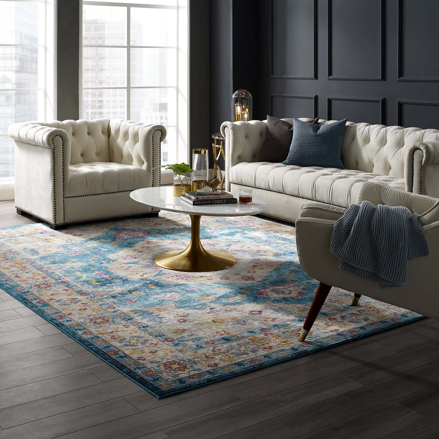 Modway Outlet Success Anisah Distressed Floral Vintage Medallion 8x10 Area Rug by Modway  Living Room Rugs Blue Ivory Yellow Orange - R-1163C-810