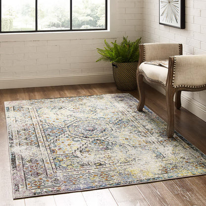 Modway Outlet Success Jacinda Distressed Vintage Floral Vintage Medallion 4x6 Area Rug by Modway  Living Room Rugs Multicolored - R-1164A-46