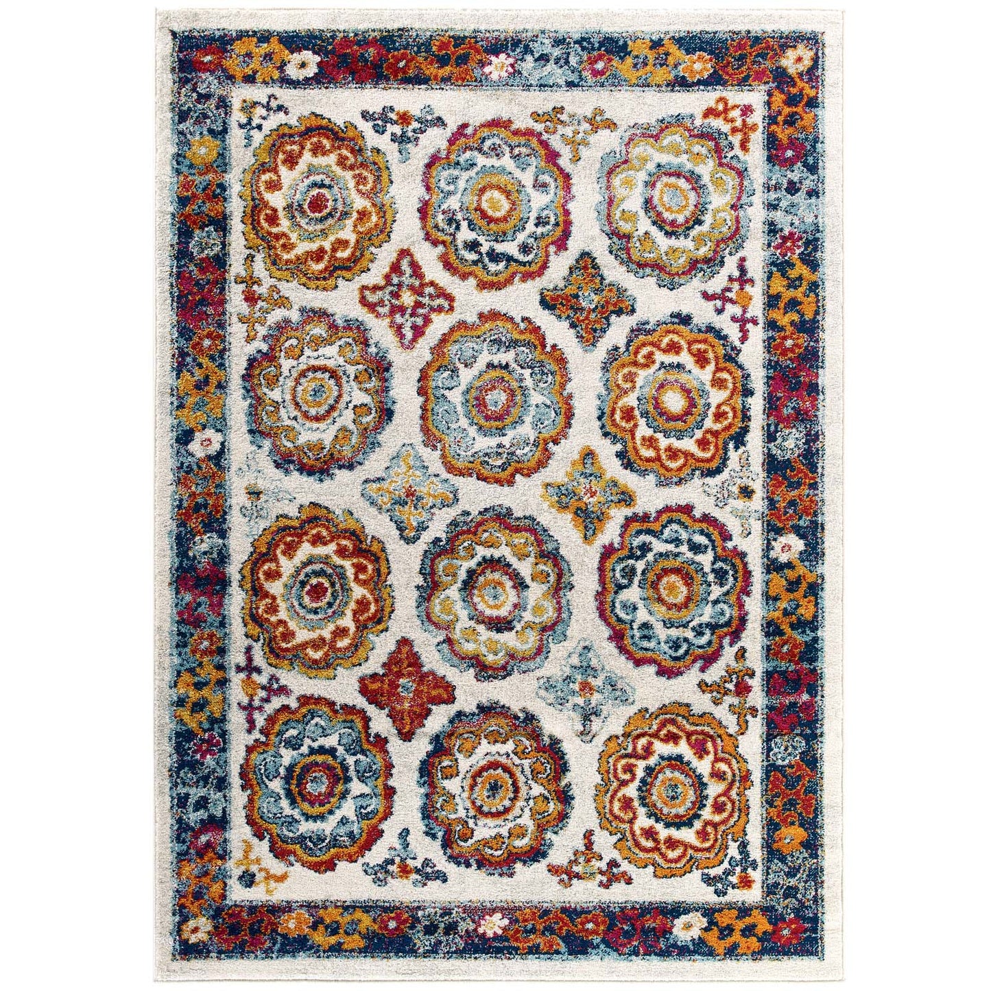 Modway Outlet Entourage Odile Distressed Floral Moroccan Trellis 5x8 Area Rug by Modway  Living Room Rugs Ivory Blue Red Orange Yellow - R-1168A-58