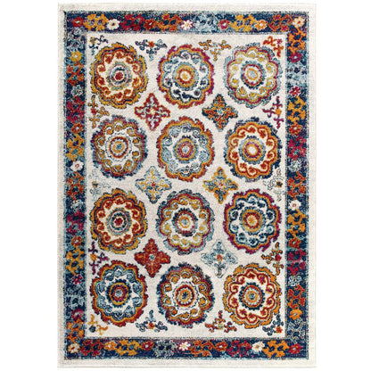 Modway Outlet Entourage Odile Distressed Floral Moroccan Trellis 5x8 Area Rug by Modway  Living Room Rugs Ivory Blue Red Orange Yellow - R-1168A-58