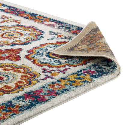 Modway Outlet Entourage Odile Distressed Floral Moroccan Trellis 5x8 Area Rug by Modway  Living Room Rugs Ivory Blue Red Orange Yellow - R-1168A-58