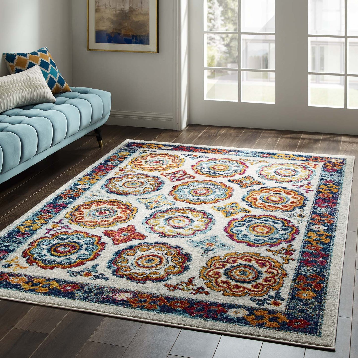 Modway Outlet Entourage Odile Distressed Floral Moroccan Trellis 5x8 Area Rug by Modway  Living Room Rugs Ivory Blue Red Orange Yellow - R-1168A-58