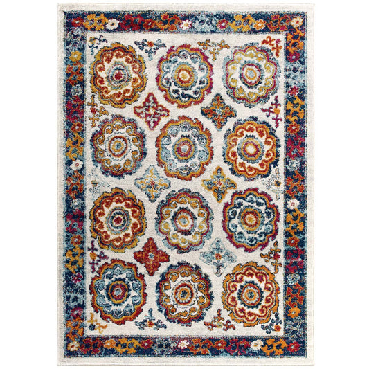 Modway Outlet Entourage Odile Distressed Floral Moroccan Trellis 8x10 Area Rug by Modway  Living Room Rugs Ivory Blue Red Orange Yellow - R-1168A-810