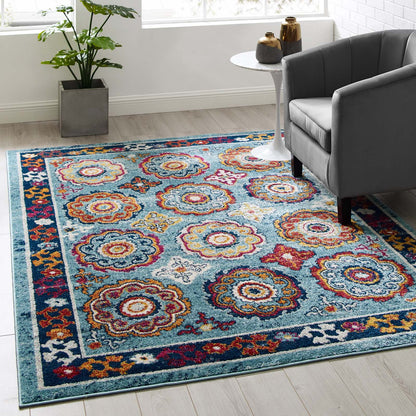 Modway Outlet Entourage Odile Distressed Floral Moroccan Trellis 5x8 Area Rug by Modway  Living Room Rugs Blue Red Orange Yellow - R-1168B-58