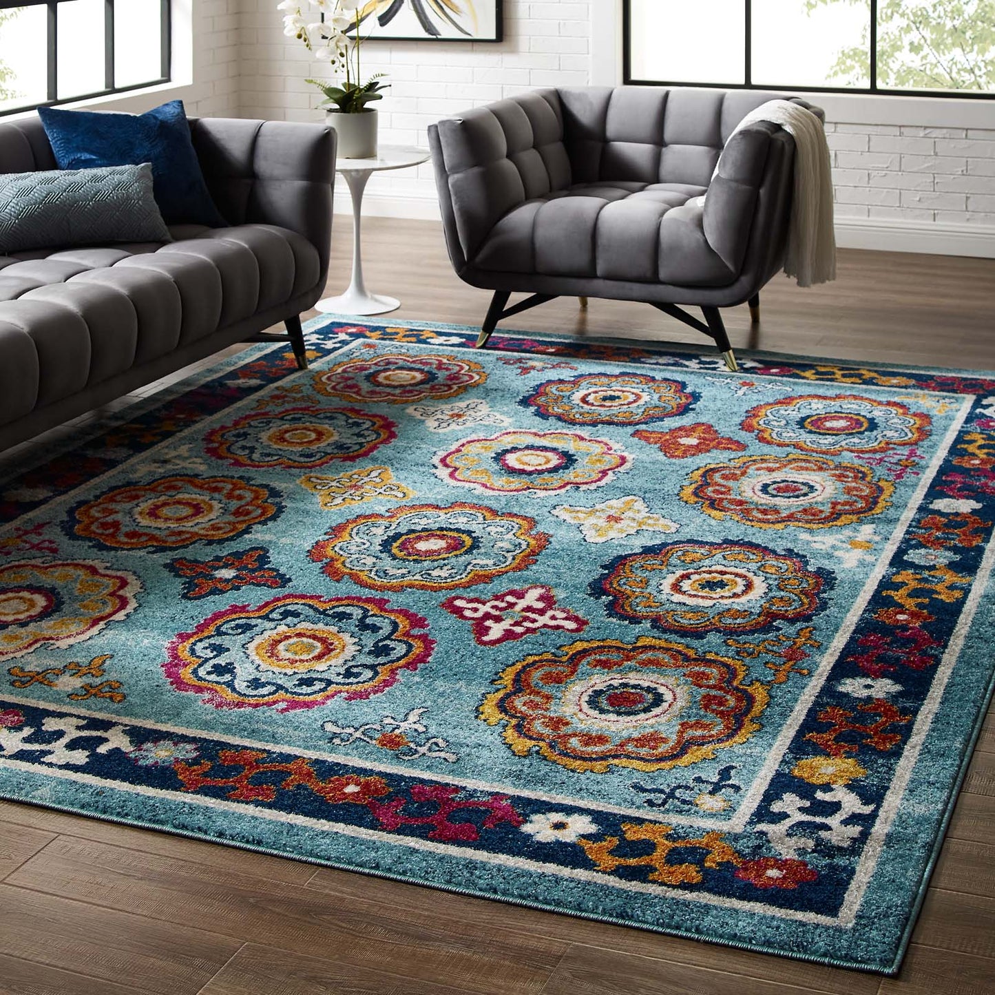 Modway Outlet Entourage Odile Distressed Floral Moroccan Trellis 8x10 Area Rug by Modway  Living Room Rugs Blue Red Orange Yellow - R-1168B-810