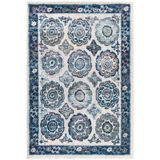 Modway Outlet Entourage Odile Distressed Floral Moroccan Trellis 5x8 Area Rug by Modway  Living Room Rugs Ivory and Blue - R-1168C-58