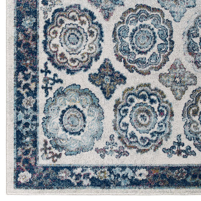 Modway Outlet Entourage Odile Distressed Floral Moroccan Trellis 5x8 Area Rug by Modway  Living Room Rugs Ivory and Blue - R-1168C-58