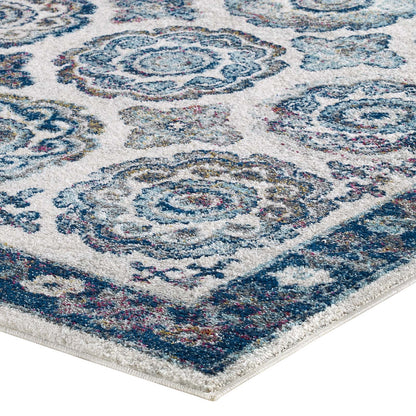 Modway Outlet Entourage Odile Distressed Floral Moroccan Trellis 5x8 Area Rug by Modway  Living Room Rugs Ivory and Blue - R-1168C-58