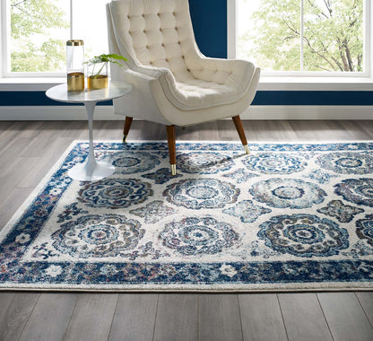 Modway Outlet Entourage Odile Distressed Floral Moroccan Trellis 5x8 Area Rug by Modway  Living Room Rugs Ivory and Blue - R-1168C-58