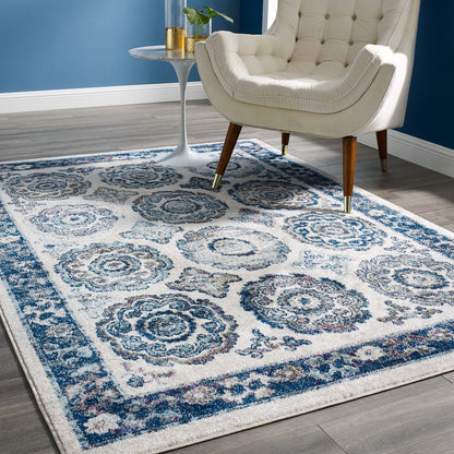 Modway Outlet Entourage Odile Distressed Floral Moroccan Trellis 5x8 Area Rug by Modway  Living Room Rugs Ivory and Blue - R-1168C-58