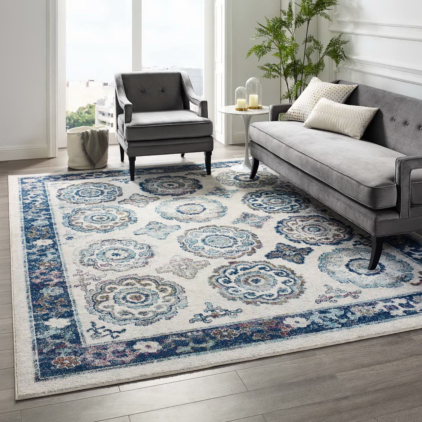 Modway Outlet Entourage Odile Distressed Floral Moroccan Trellis 8x10 Area Rug by Modway  Living Room Rugs Ivory and Blue - R-1168C-810