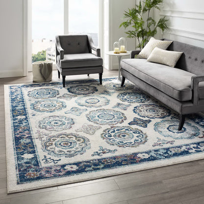 Modway Outlet Entourage Odile Distressed Floral Moroccan Trellis 8x10 Area Rug by Modway  Living Room Rugs Ivory and Blue - R-1168C-810