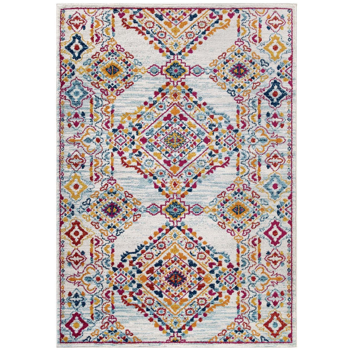 Modway Outlet Entourage Khalida Distressed Vintage Floral Lattice 5x8 Area Rug by Modway  Living Room Rugs Ivory Blue Orange Yellow Red - R-1169A-58