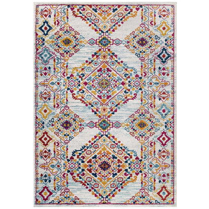 Modway Outlet Entourage Khalida Distressed Vintage Floral Lattice 5x8 Area Rug by Modway  Living Room Rugs Ivory Blue Orange Yellow Red - R-1169A-58