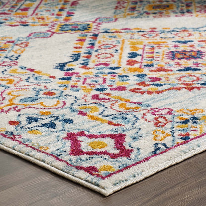 Modway Outlet Entourage Khalida Distressed Vintage Floral Lattice 5x8 Area Rug by Modway  Living Room Rugs Ivory Blue Orange Yellow Red - R-1169A-58