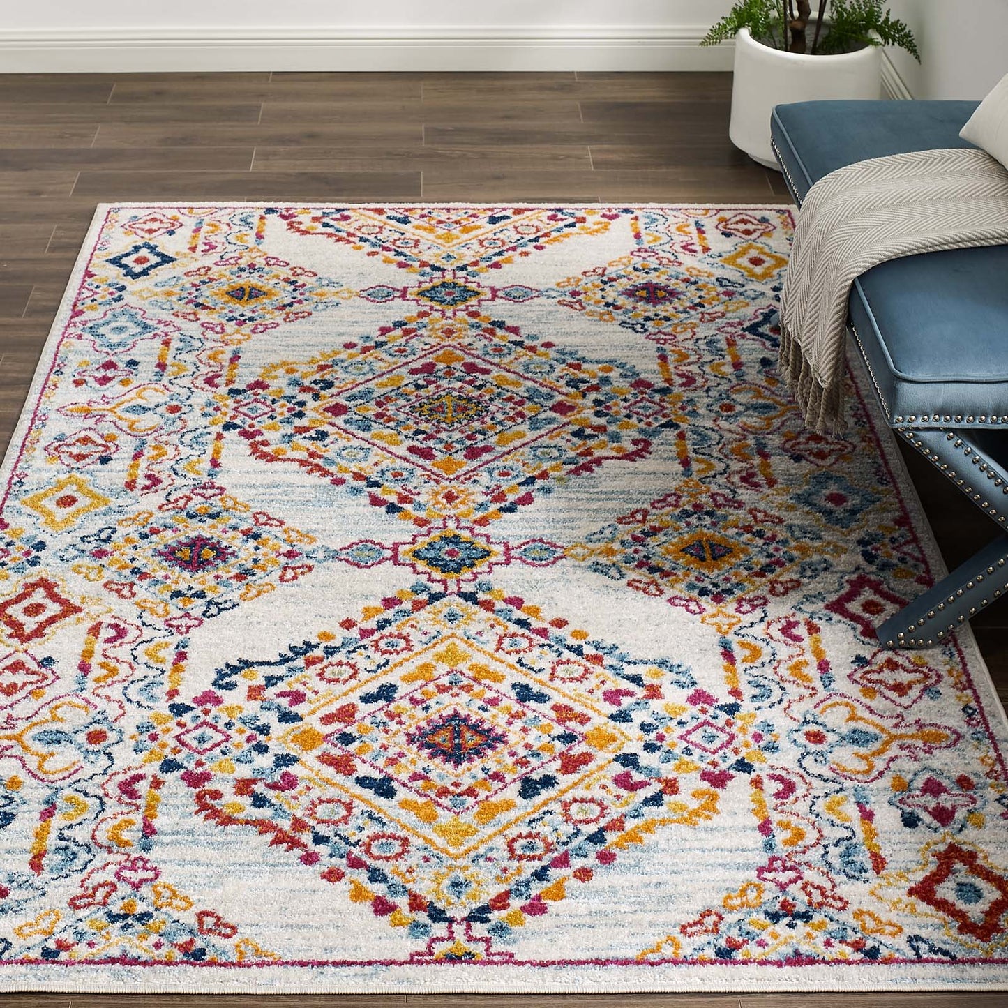 Modway Outlet Entourage Khalida Distressed Vintage Floral Lattice 5x8 Area Rug by Modway  Living Room Rugs Ivory Blue Orange Yellow Red - R-1169A-58