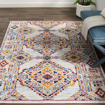 Modway Outlet Entourage Khalida Distressed Vintage Floral Lattice 5x8 Area Rug by Modway  Living Room Rugs Ivory Blue Orange Yellow Red - R-1169A-58