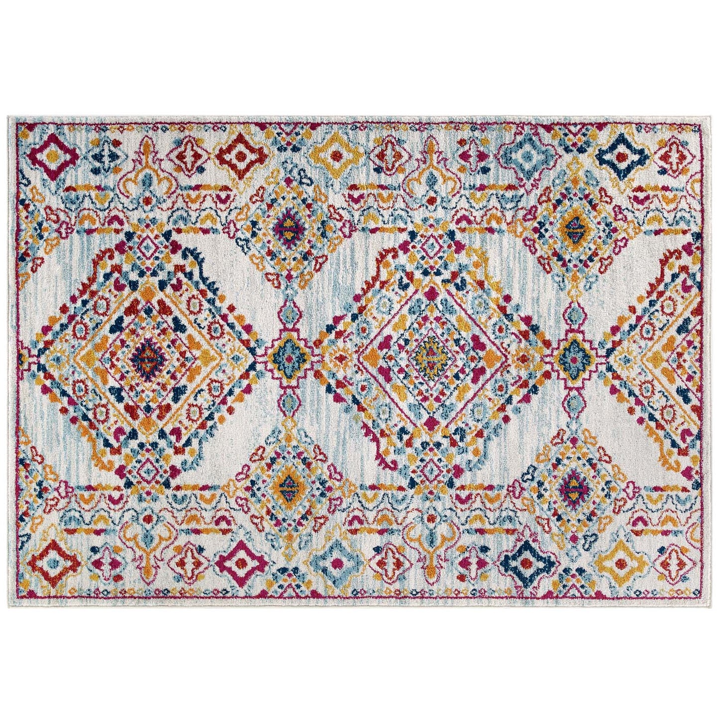 Modway Outlet Entourage Khalida Distressed Floral Lattice 8x10 Area Rug by Modway  Living Room Rugs Ivory Blue Orange Yellow Red - R-1169A-810