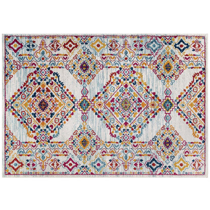 Modway Outlet Entourage Khalida Distressed Floral Lattice 8x10 Area Rug by Modway  Living Room Rugs Ivory Blue Orange Yellow Red - R-1169A-810