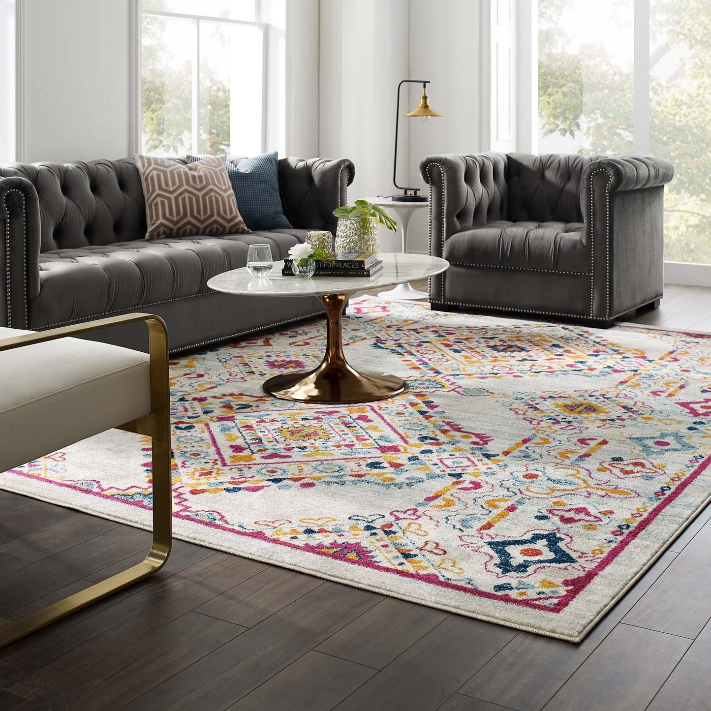 Modway Outlet Entourage Khalida Distressed Floral Lattice 8x10 Area Rug by Modway  Living Room Rugs Ivory Blue Orange Yellow Red - R-1169A-810