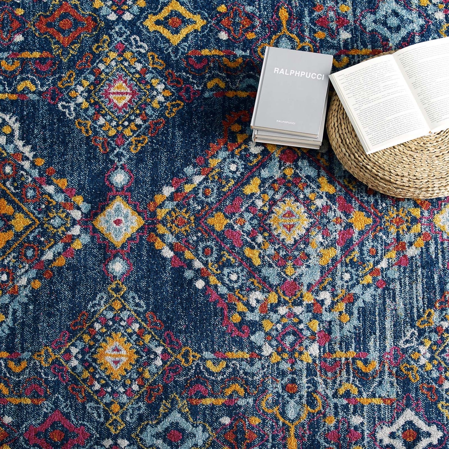 Modway Outlet Entourage Khalida Distressed Vintage Floral Lattice 5x8 Area Rug by Modway  Living Room Rugs Blue Orange Yellow Red - R-1169B-58