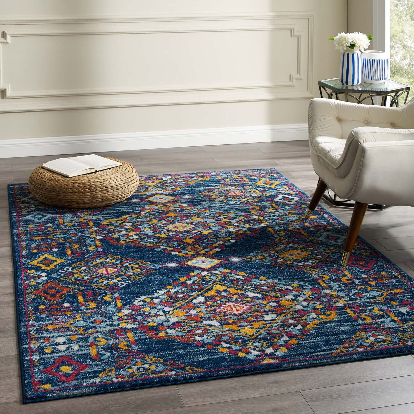 Modway Outlet Entourage Khalida Distressed Vintage Floral Lattice 5x8 Area Rug by Modway  Living Room Rugs Blue Orange Yellow Red - R-1169B-58