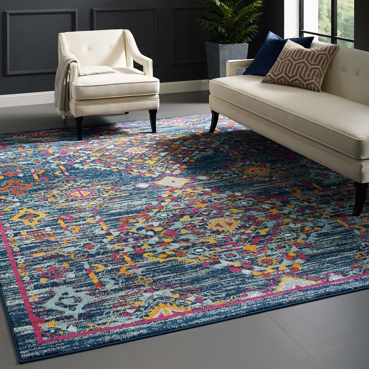 Modway Outlet Entourage Khalida Distressed Floral Lattice 8x10 Area Rug by Modway  Living Room Rugs Blue Orange Yellow Red - R-1169B-810