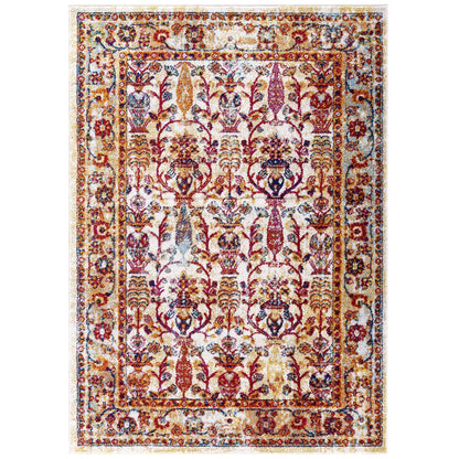 Modway Outlet Entourage Jessa Distressed Vintage Floral Lattice 5x8 Area Rug by Modway  Living Room Rugs Ivory Blue Orange Yellow Red - R-1170A-58