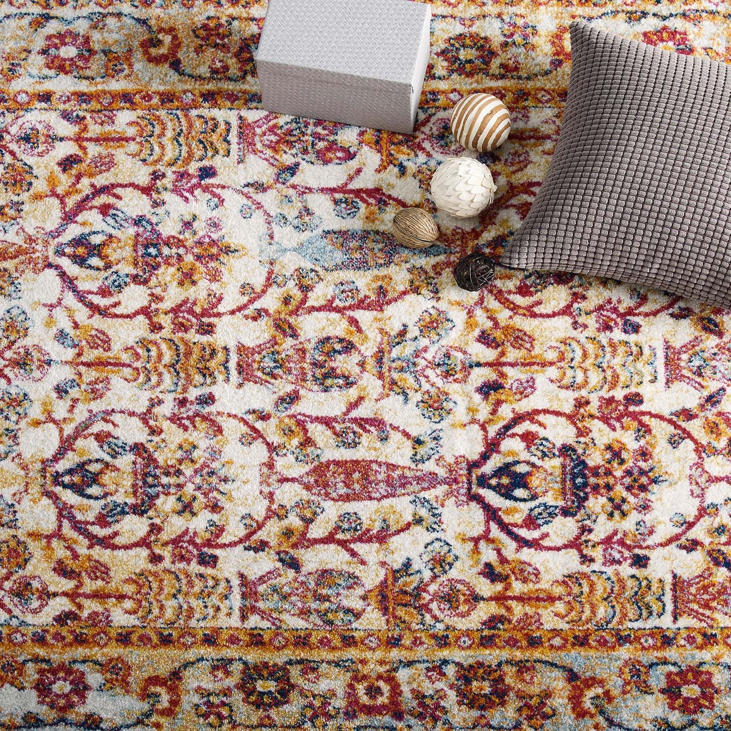 Modway Outlet Entourage Jessa Distressed Vintage Floral Lattice 5x8 Area Rug by Modway  Living Room Rugs Ivory Blue Orange Yellow Red - R-1170A-58