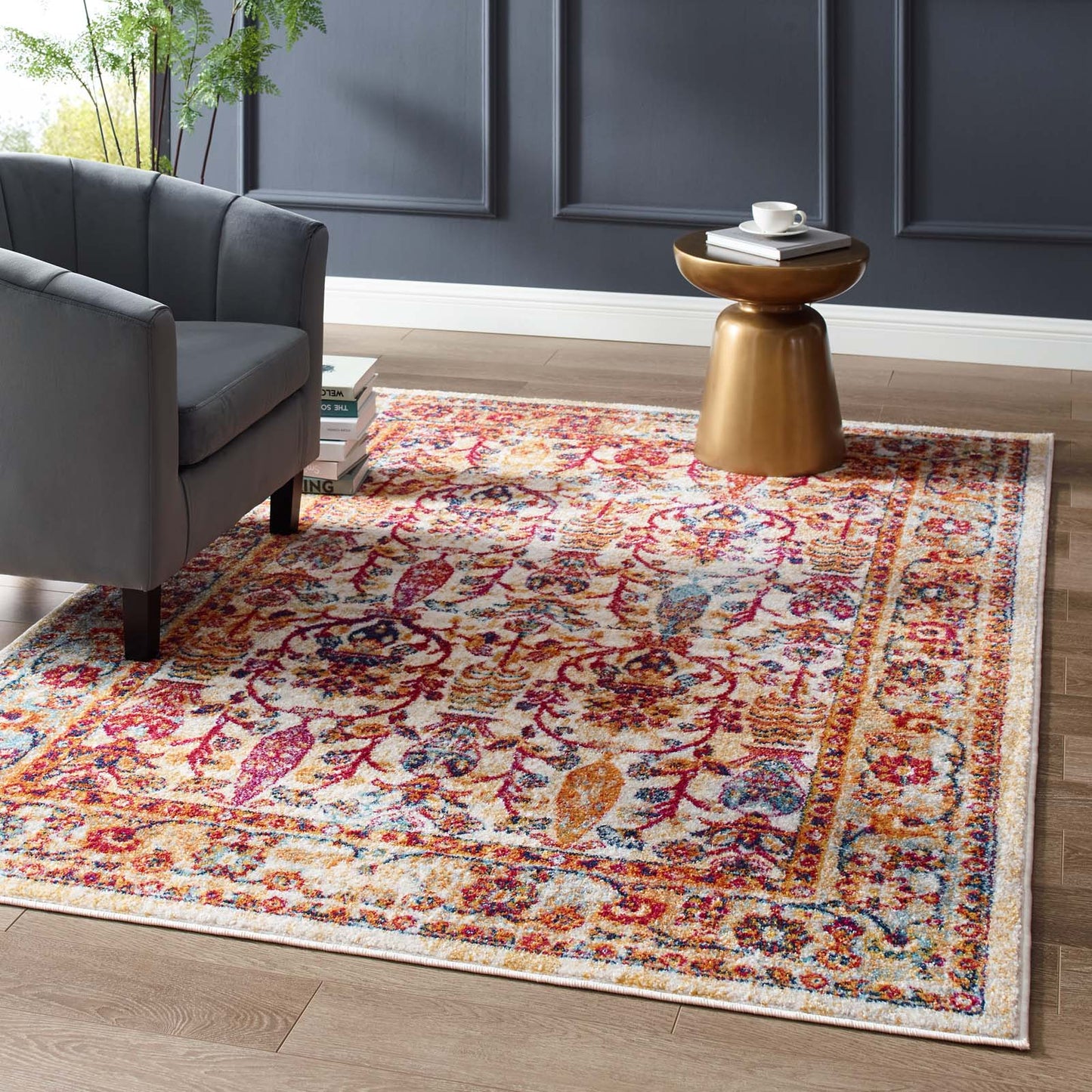 Modway Outlet Entourage Jessa Distressed Vintage Floral Lattice 5x8 Area Rug by Modway  Living Room Rugs Ivory Blue Orange Yellow Red - R-1170A-58