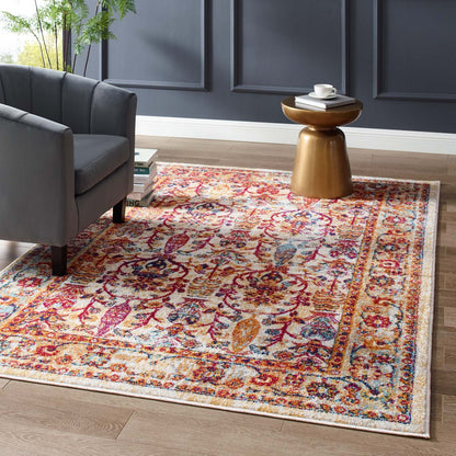 Modway Outlet Entourage Jessa Distressed Vintage Floral Lattice 5x8 Area Rug by Modway  Living Room Rugs Ivory Blue Orange Yellow Red - R-1170A-58