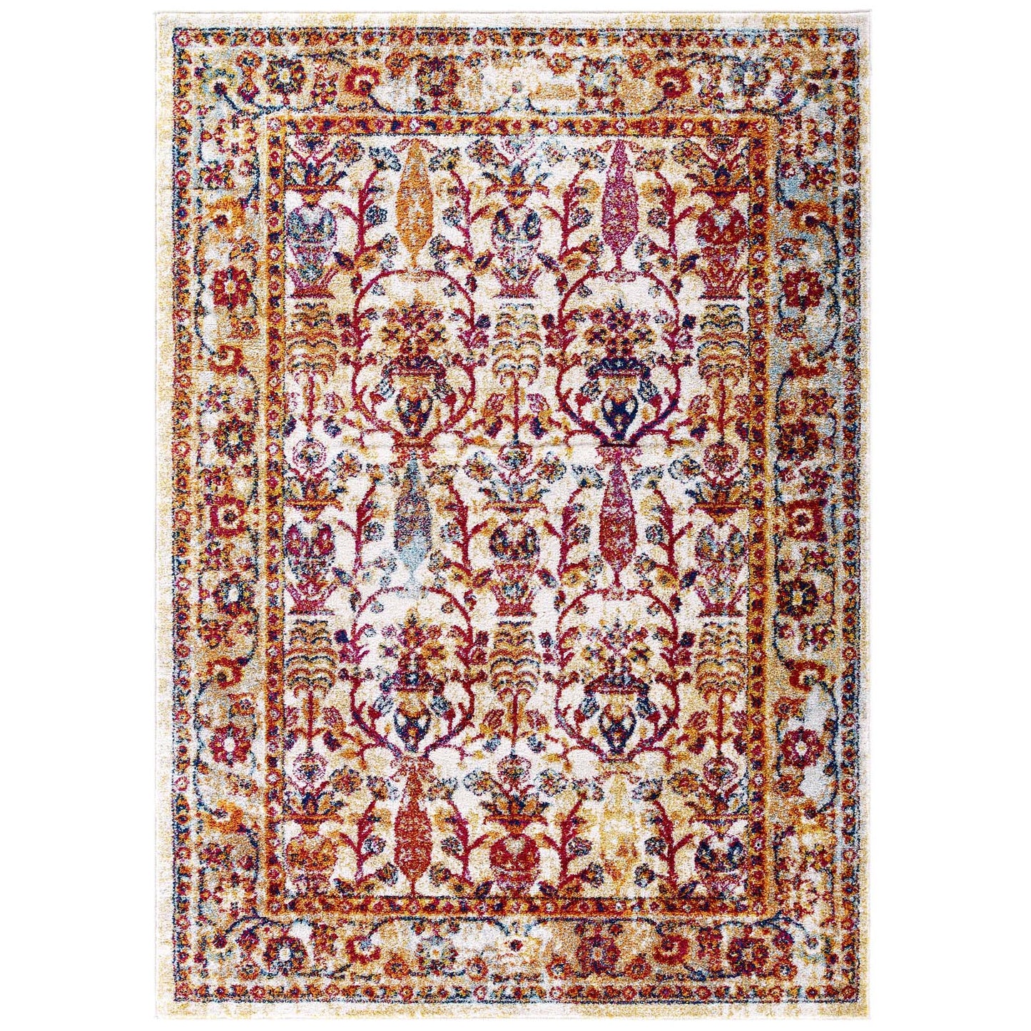 Modway Outlet Entourage Jessa Distressed Vintage Floral Lattice 8x10 Area Rug by Modway  Living Room Rugs Ivory Blue Orange Yellow Red - R-1170A-810