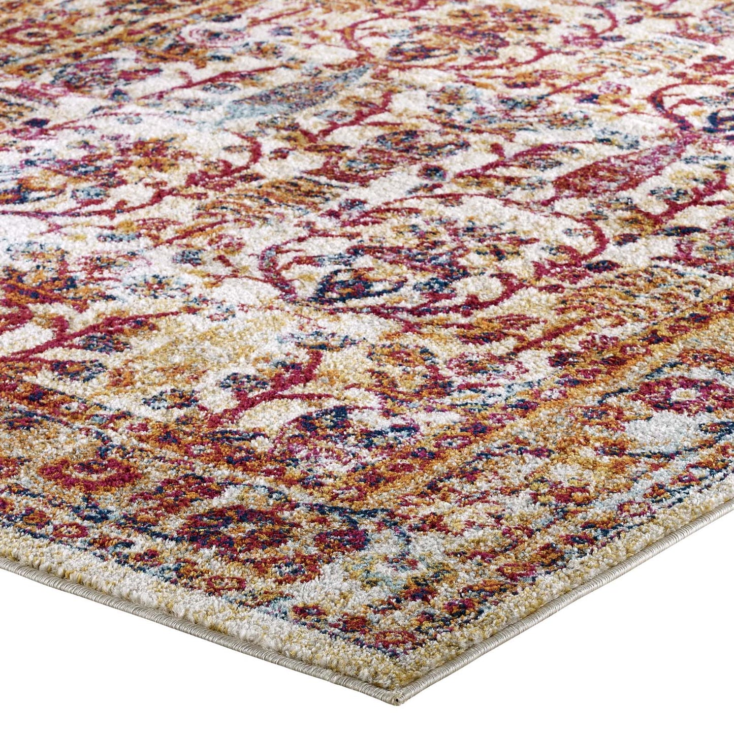 Modway Outlet Entourage Jessa Distressed Vintage Floral Lattice 8x10 Area Rug by Modway  Living Room Rugs Ivory Blue Orange Yellow Red - R-1170A-810