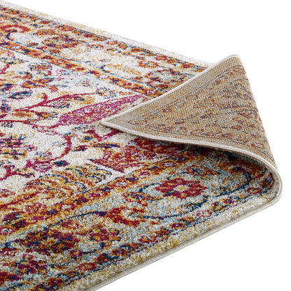 Modway Outlet Entourage Jessa Distressed Vintage Floral Lattice 8x10 Area Rug by Modway  Living Room Rugs Ivory Blue Orange Yellow Red - R-1170A-810