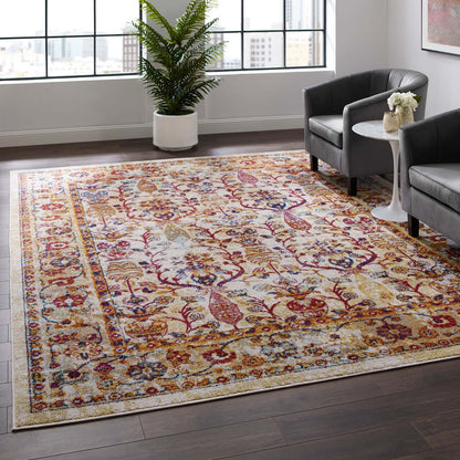 Modway Outlet Entourage Jessa Distressed Vintage Floral Lattice 8x10 Area Rug by Modway  Living Room Rugs Ivory Blue Orange Yellow Red - R-1170A-810