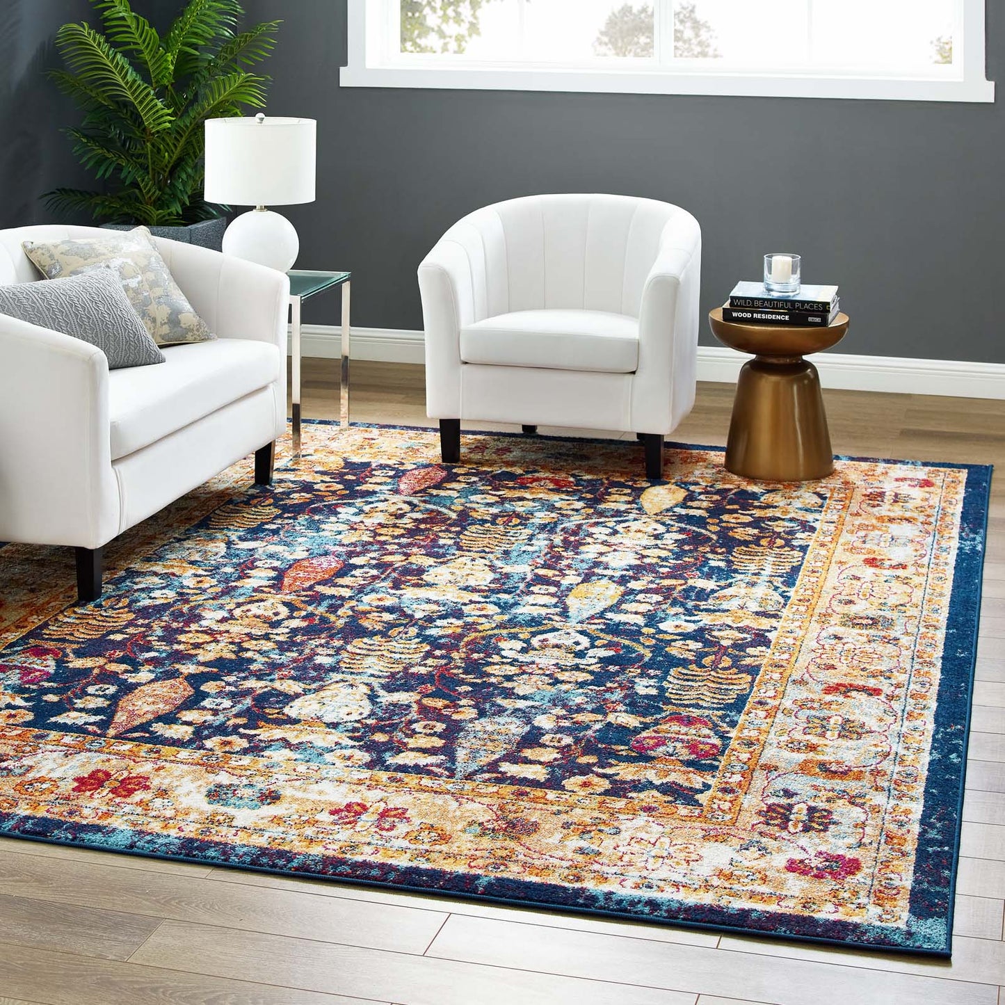 Modway Outlet Entourage Jessa Distressed Vintage Floral Lattice 8x10 Area Rug by Modway  Living Room Rugs Blue Orange Yellow Red - R-1170B-810