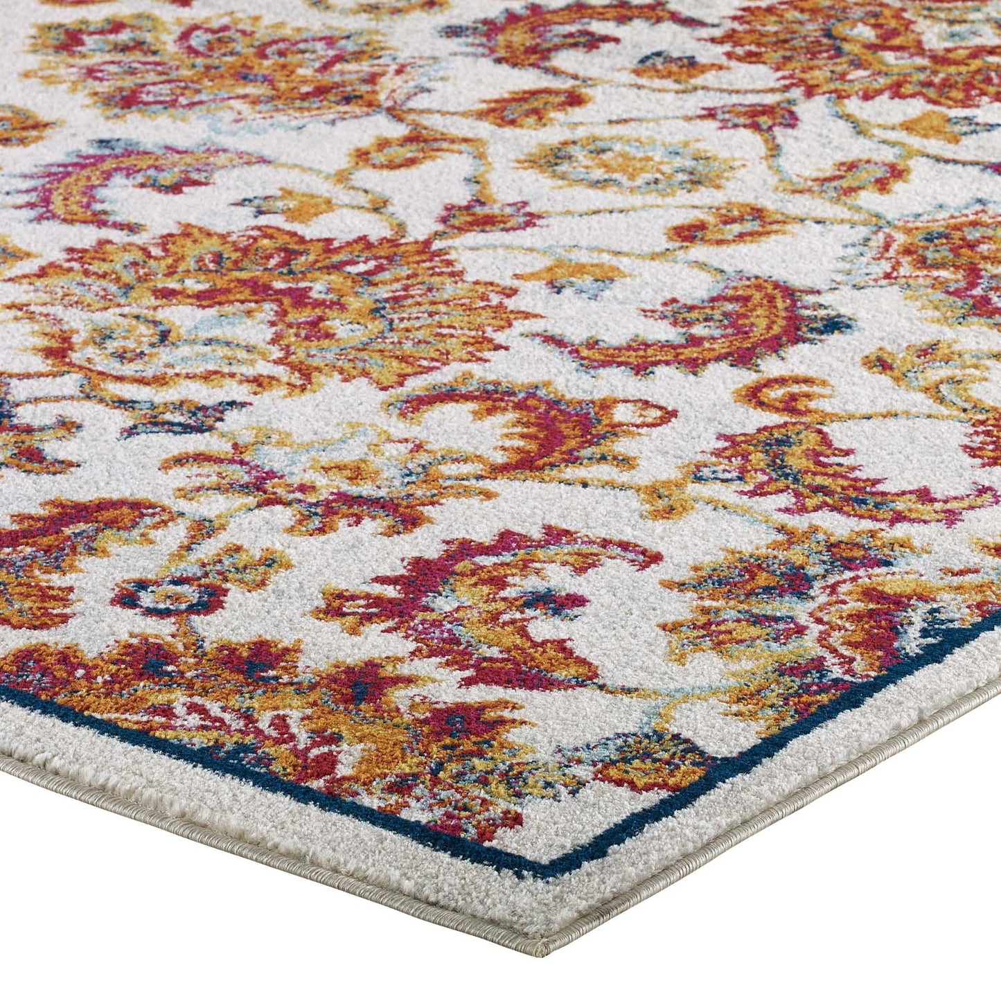 Modway Outlet Entourage Azami Distressed Vintage Floral Lattice 5x8 Area Rug by Modway  Living Room Rugs Ivory Blue Orange Yellow Red - R-1171A-58